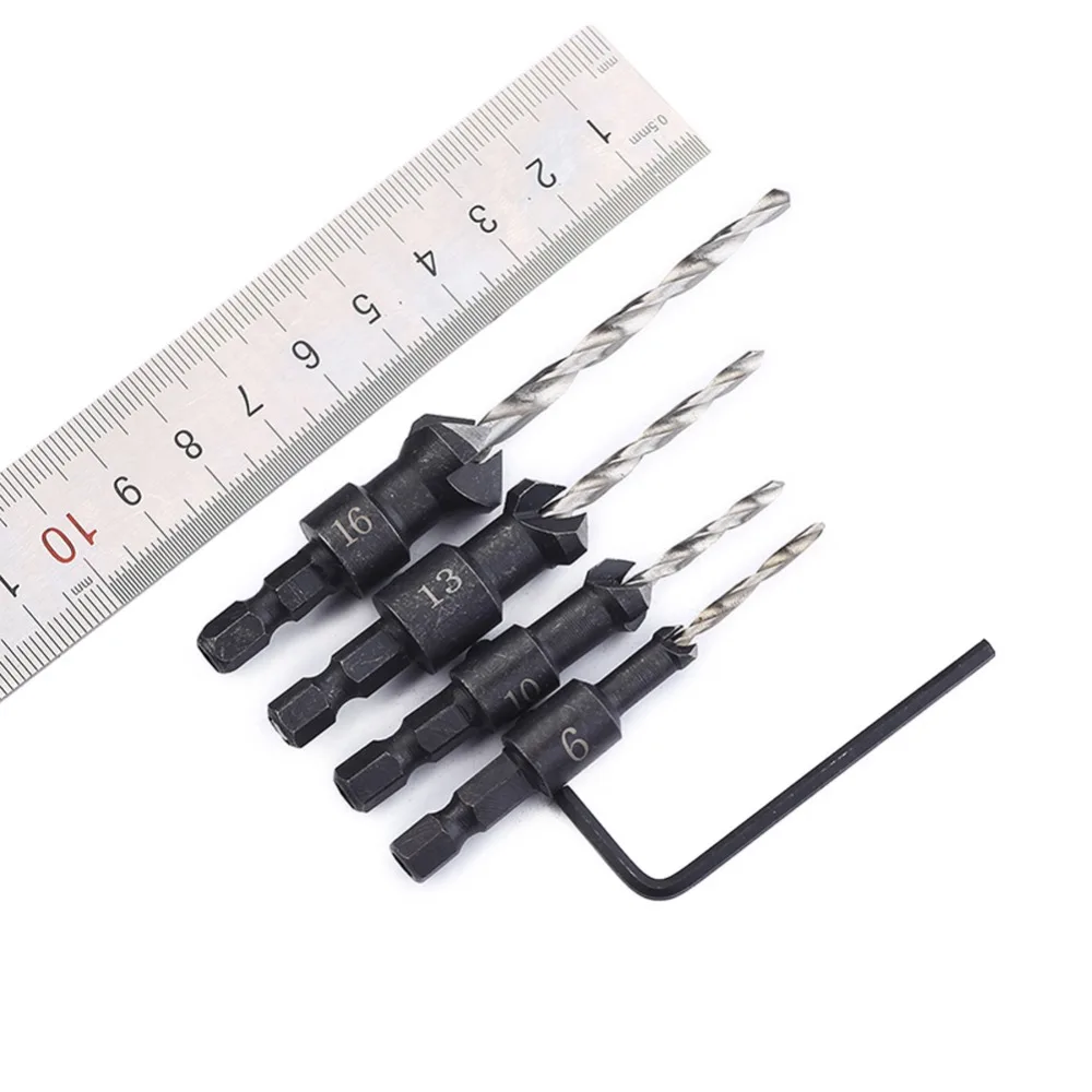 

4pcs/set HSS 4241 Screw Countersink Drill Bit Set Quick Change Hex Shank #6 #10 #13 #16 Chamfer Drill Bits Wood Carving Tools B2