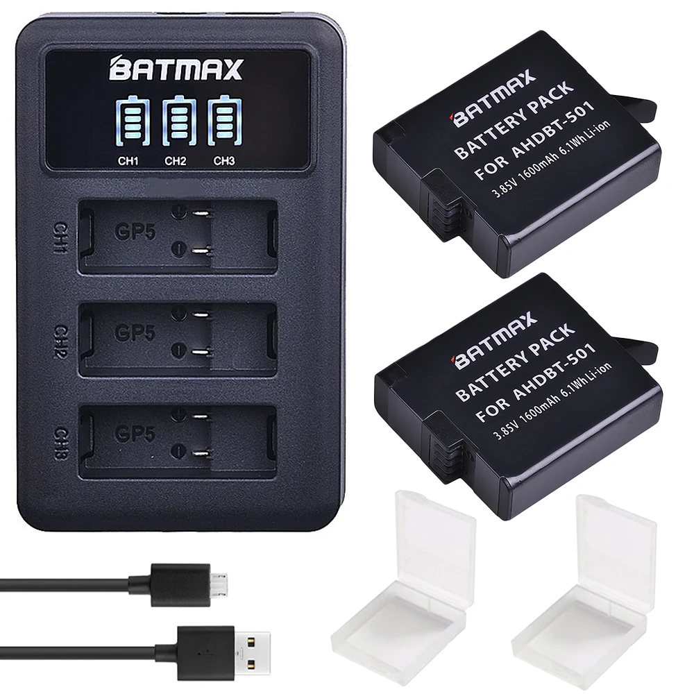 

Batmax 2PCS AHDBT-501 Battery + LED Display 3-Channel USB Charger with Type-C Port for GoPro5 Hero5 GoPro6 Hero6 Action Cameras