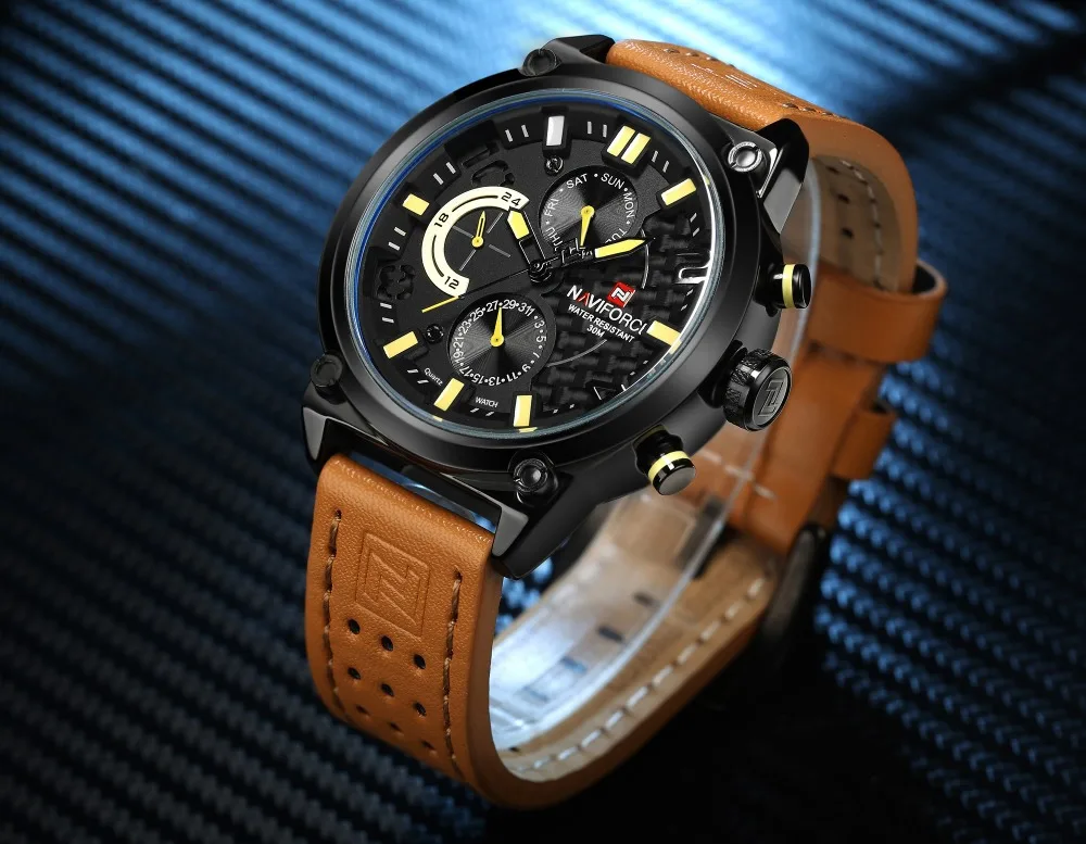 NAVIFORCE Роскошные брендовые модные повседневные часы Мужские кварцевые наручные часы с хронографом коричневый кожаный ремешок