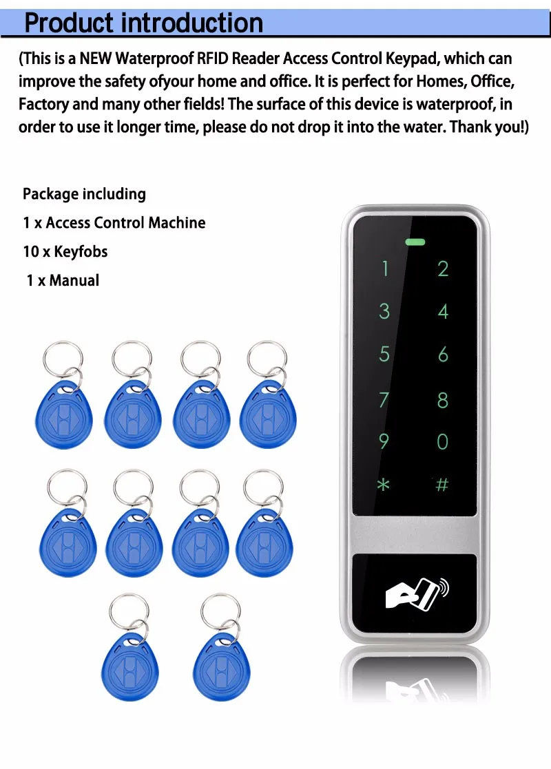 RFID водонепроницаемый электронный дверной замок металлическая клавиатура контроля доступа с 10 брелоками цифровые замки для система контроля допуска к двери