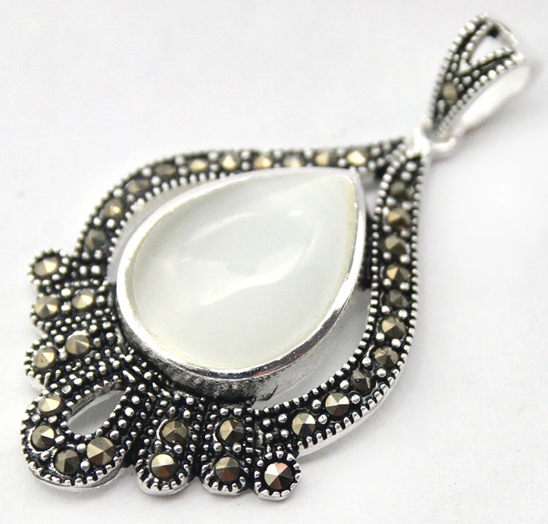 

Vintage Marcasite 40*20mm Natural White Opal Teardrop 925 Sterling Silver Pendant