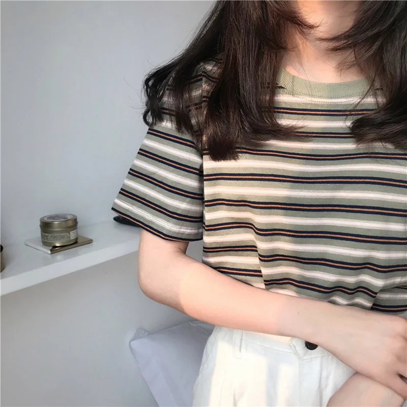 Женские модные повседневные футболки с коротким рукавом, женские летние полосатые футболки, корейский топ, уличная одежда