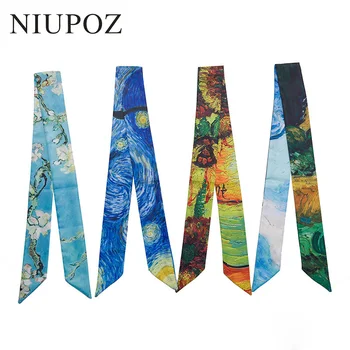 Van Gogh Starry Sky oil painting Bag Handbag Small Emulation Twill Silk Scarf Ribbon Women Tie Headband Neck Hair Fashion M302 1