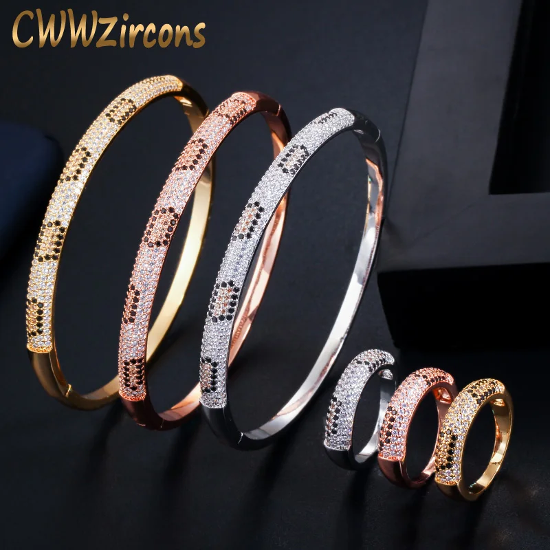 

CWWZircons Fashion Brand Rose Gold Color Round Cobra Slim CZ Open Bangle Bracelet and Rings Set for Women Wedding Jewelry T345