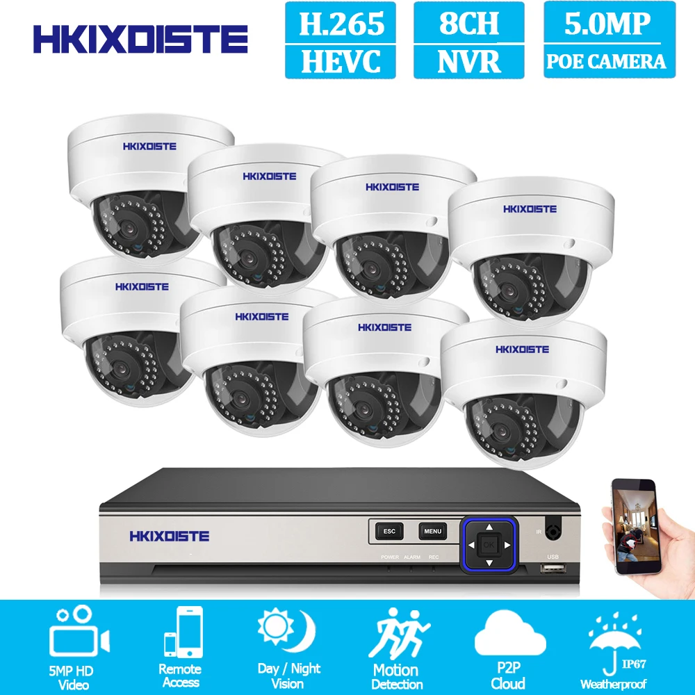 

H.265 5MP POE NVR System 8pcs 48V Super 5MP 2592X1944 Security Dome Camera kit POE Onvif 8CH CCTV Video Surveillance NVR set