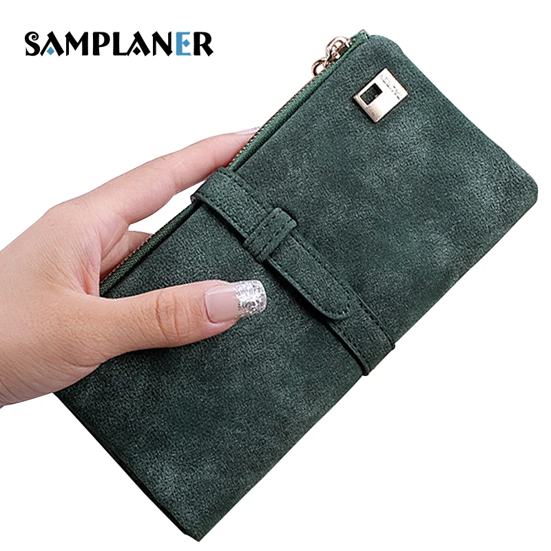 

Samplaner Retro Women Wallets Drawstring Nubuck Leather Zipper Wallet Matte PU Clutch Wallets for Woman Card Holder Purse Long