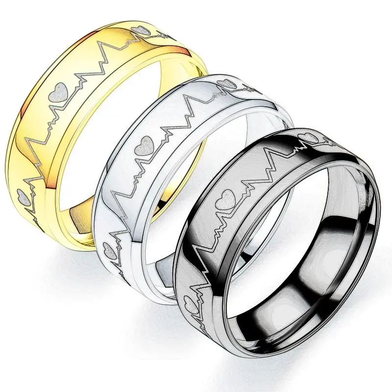 

Fashion ECG HeartBeat Stainless Steel Mirror Rings For Men & Women Couple Rings Gold Black Silver Accessory Wedding Gifts