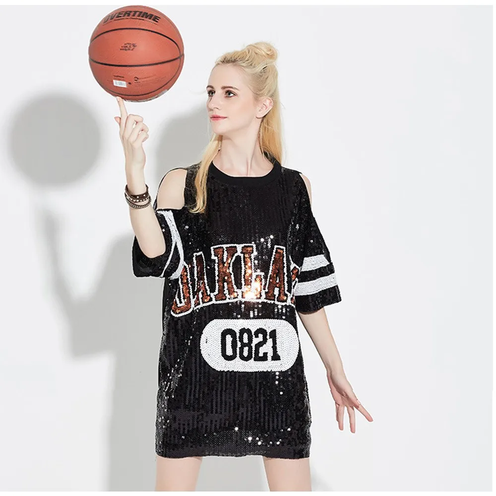 

New Arrival Dress 2017 Summer Sequin T Shirt Dress Plus Size Glitter T Shirts Women Off Shoulder Tops Club Vestidos De Festa