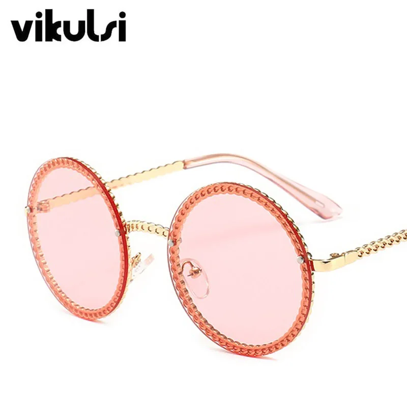 Роскошные негабаритные Круглые Солнцезащитные очки для женщин UV400 ретро фирменный дизайн цепь металлическая оправа солнцезащитные очки для женщин очки для мужчин - Цвет линз: D849 gold pink