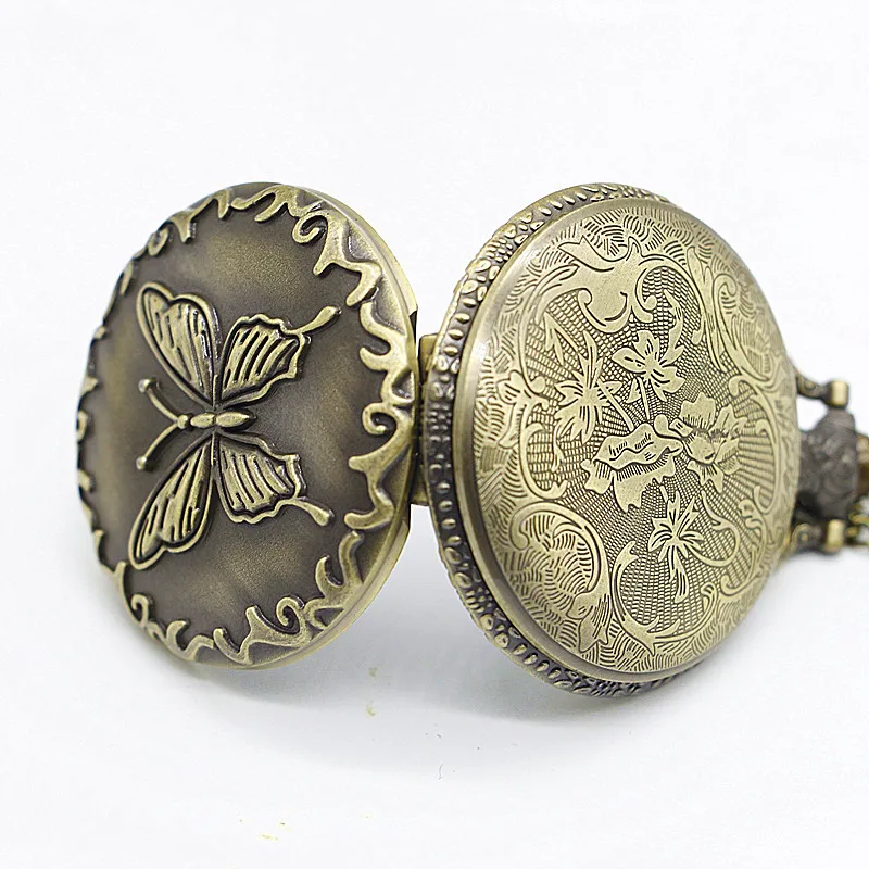 Прямая винтажные бронзовые Кварцевые карманные часы бабочка резьба мода унисекс Карманные и брелоки часы уникальные подарки
