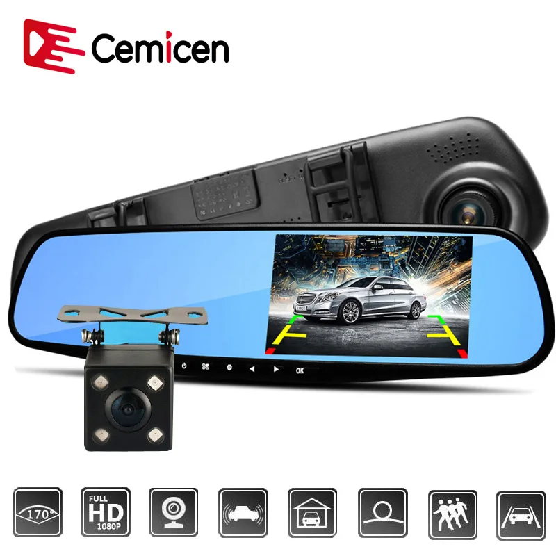 Автомобильный видеорегистратор Cemicen 4 3 дюйма Full HD 1080P Автомобильное зеркало