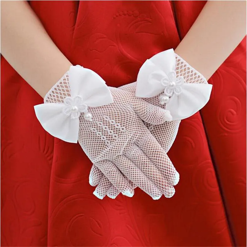 Сетчатое платье с бантом для девочек; 1 пара белых перчаток; свадебные белые перчатки с цветочным узором для девочек; тонкие детские перчатки принцессы; высокое качество
