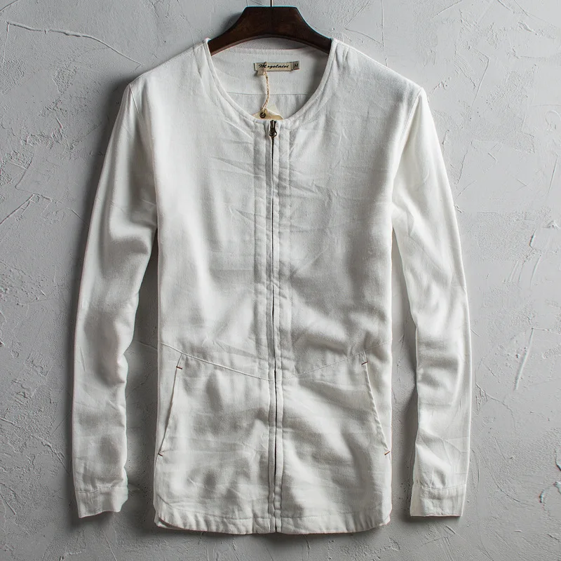 

Men's o-neck linen cotton jacket with Kangaroo pocket white dark blue summer casual jacket men Chinese style thin jacket for men