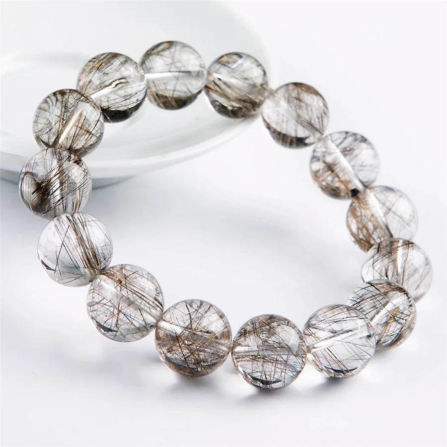 

Genuine Natural Silver Rutilated Quartz Crystal Round Big Crystal Beads Powerful Men Bracelet 14mm