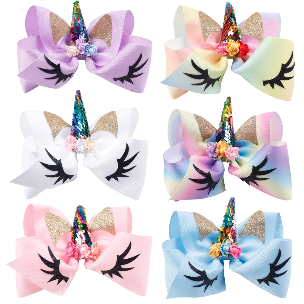 7 &quotс блестками Unicorn Hair бант с зажимом для девочек Украшенные Сатиновыми цветами