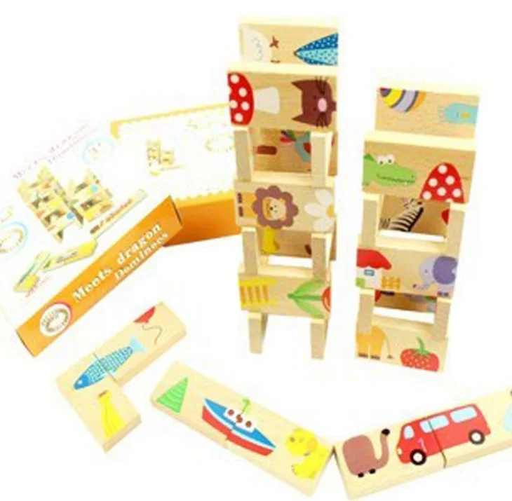 

28Pcs Beech Wood Animal Domino Baby Toys Solitaire Domino Wooden Toy Educational building Blocks Early Learning Toys W058