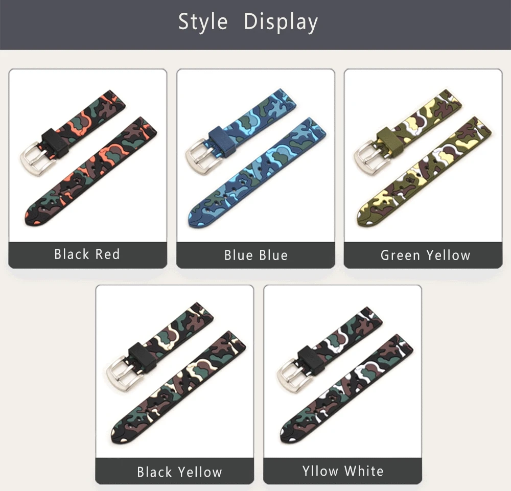 Мягкие силиконовые резиновые Ремешки для наручных часов ремешок из нержавеющей стали Пряжка Водонепроницаемый Дайвинг 20 мм 22 мм Красочные камуфляжные часы ремешок