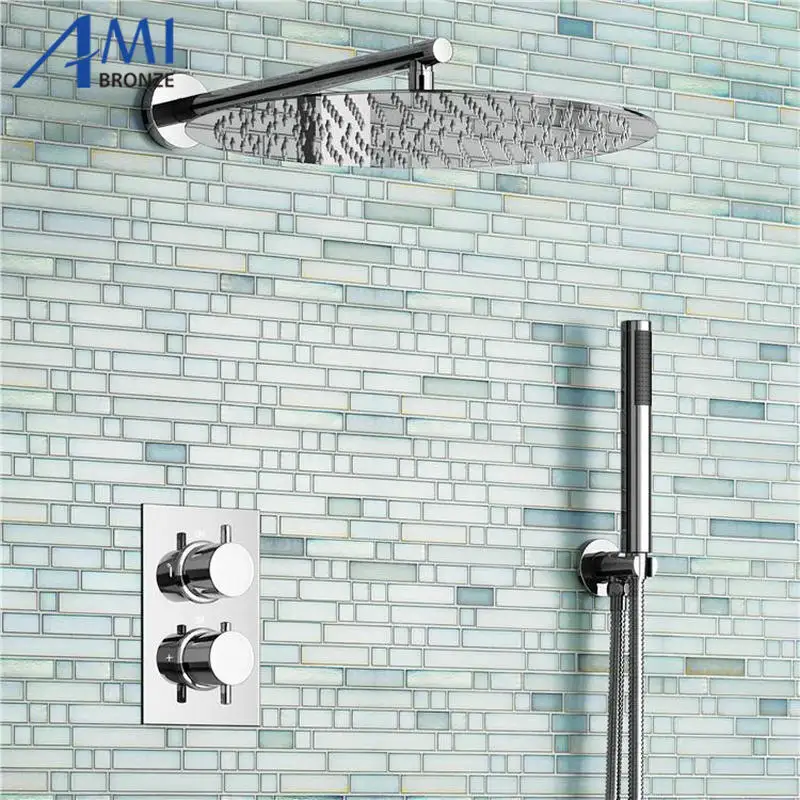 

16" Ultra Thin Round Mixer Thermostatic Shower Set Bathroom Valve Set Chrome Hand Held Head