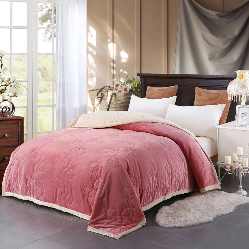 

2018 New Plain Quilting Flannel Blanket Three layers Quilted cotton Thicken winter Coral fleece blanket sheet plush throw