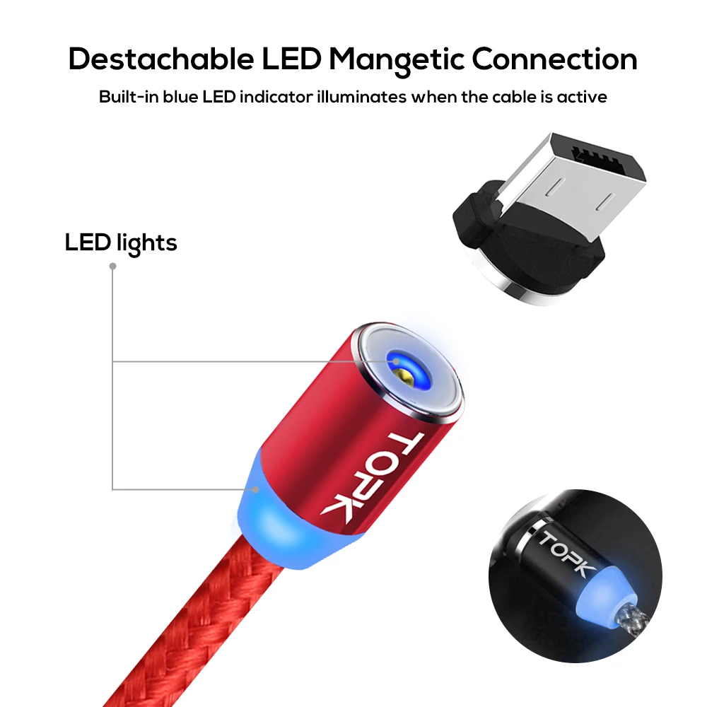 TOPK 1 м (3 3 фута) светодиодный магнитный кабель Micro USB Премиум нейлоновый Плетеный