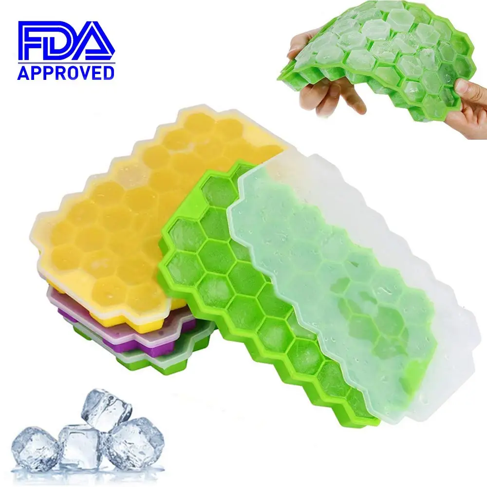 

E-doo Ice Cube Tray, Honeycomb Shape 37 Cubes Silicone Ice Cube Molds with Removable Lid for Chilled Drinks, Whiskey Ice Mold