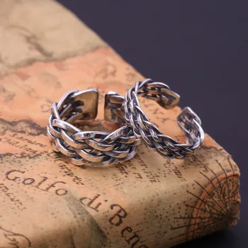 

FNJ Rope Ring 925 Silver Jewelry New Fashion Punk S925 Sterling Silver Rings for Women Men Adjustable Size 8-10 bague