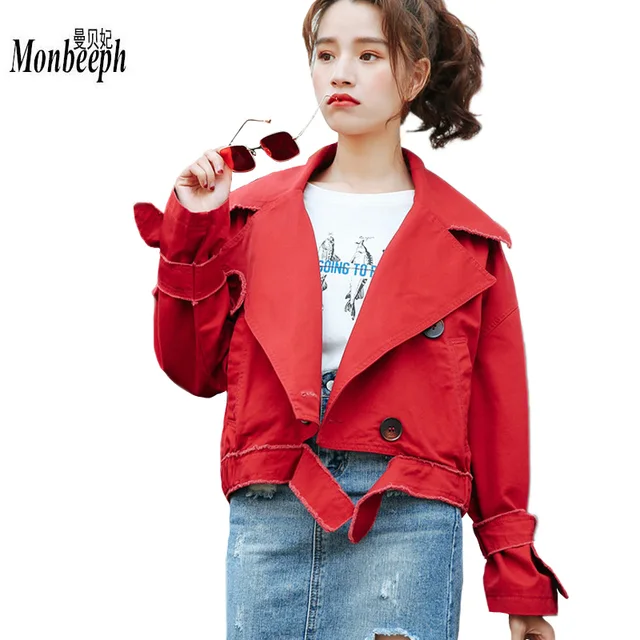 2018 Autumn New Women Denim Jackets Korean Chic Lace-Up Long Sleeve Jean Coats Woman Red Basic Short Jacket Coat
