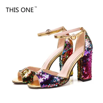 

THIS ONE New Sequined Cloth High Heels Sandals Women Peep Toe Bling Footwear Fashion 2018 Summer Ankle Strap Wedding Female Shoe