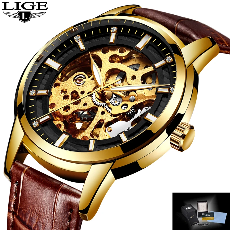 

New LIGE Luxury Brand Men's Watches Fashion Business Automatic Watch Men 3ATM Waterproof Leather Wristwatches relogio masculino