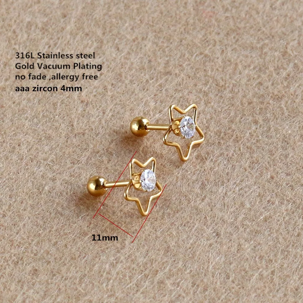 Титан серьги золотые-цвет покрытие вакуум винт 11 мм Star-форма с AAA циркон 316 л Нержавеющая сталь не исчезают нет аллергии