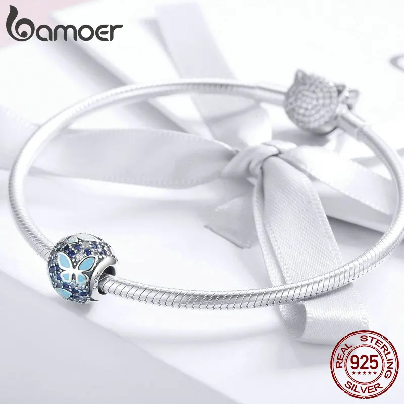 Billige BAMOER Neue Ankunft 925 Sterling Silber Schmetterling Traum Blau Emaille Klar CZ Charme Perlen fit Armbänder Halsketten Schmuck SCC931