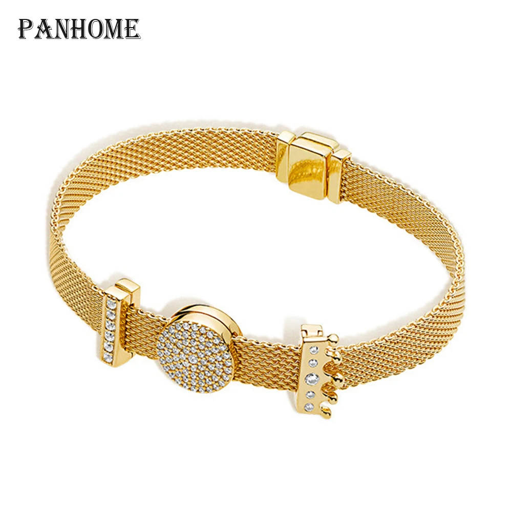 

PANHOME 100% 925 sterling silver SHINE REFLEXIONS DAZZLING ELEGANCE CLIP CHARM CROWN CLIP CHARM TIMELESS CLIP CHARM Bracelet Set