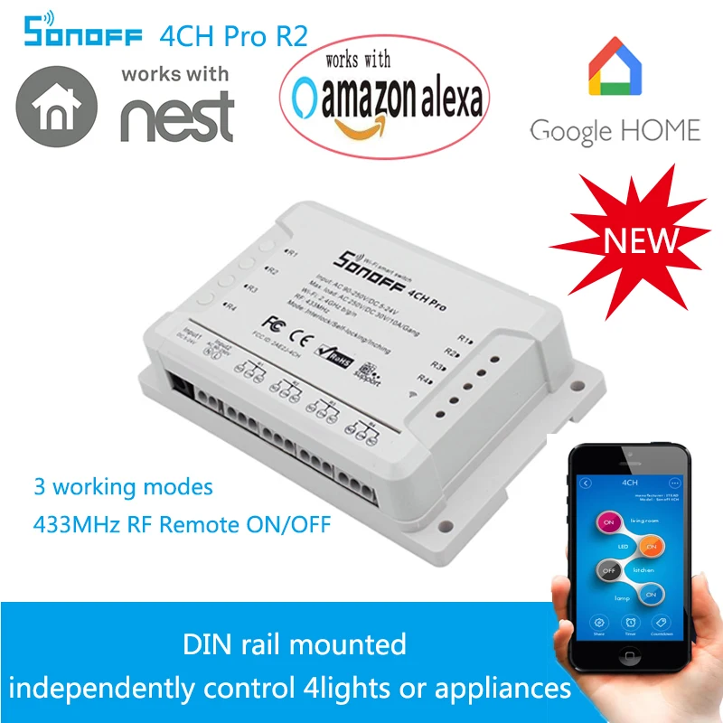 

Sonoff 4CH Pro R2 4 Channel Wifi Smart Switch 433 MHZ RF Remote Wifi Lights Switch Supports 4 Devices Works with Alexa