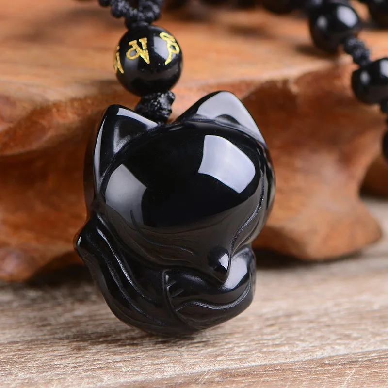 Прямая Обсидиановая лиса кулон ожерелье счастливый амулет пара ювелирные изделия подарок - Цвет камня: Черный