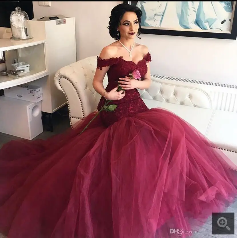 2017 latest style burgundy lace mermaid off the shoulder prom dress ...