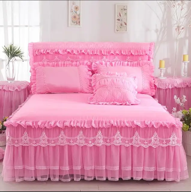 Couvre Matelas En Dentelle Beige Rose Pour Fille 1 Piece Jupe De Lit 2 Pieces Taies D Oreiller Literie Princesse Couvre Matelas Taille King Queen Aliexpress