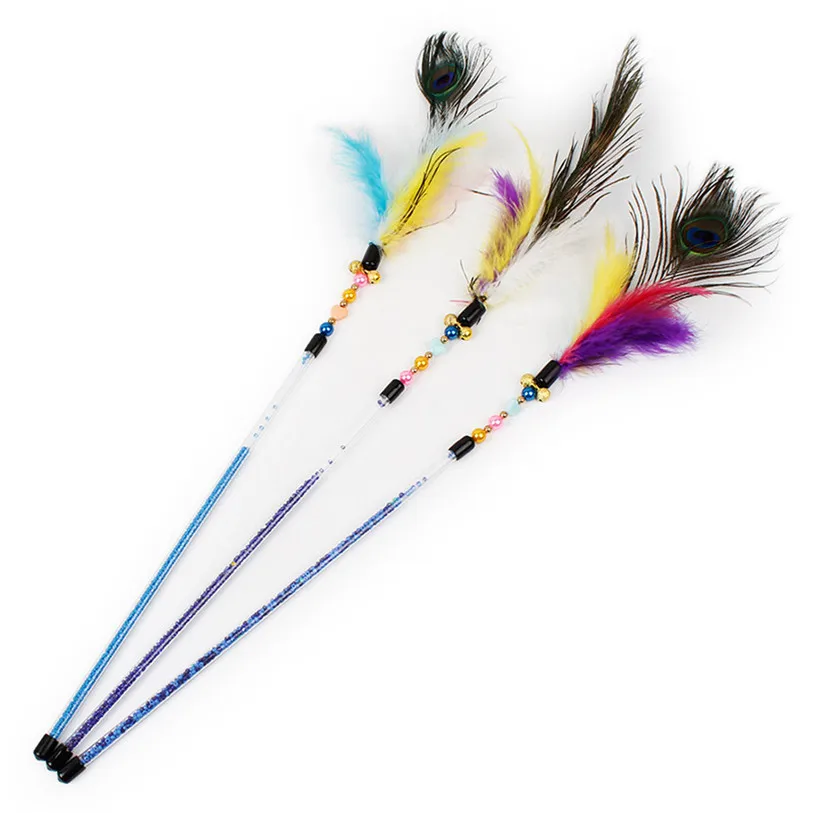Pet Cat Teaser Kitten Jump Training Toy Peacock Feather Wand Cat Catcher Teaser Stick Cat Interactive Toys Wholesale noDC28