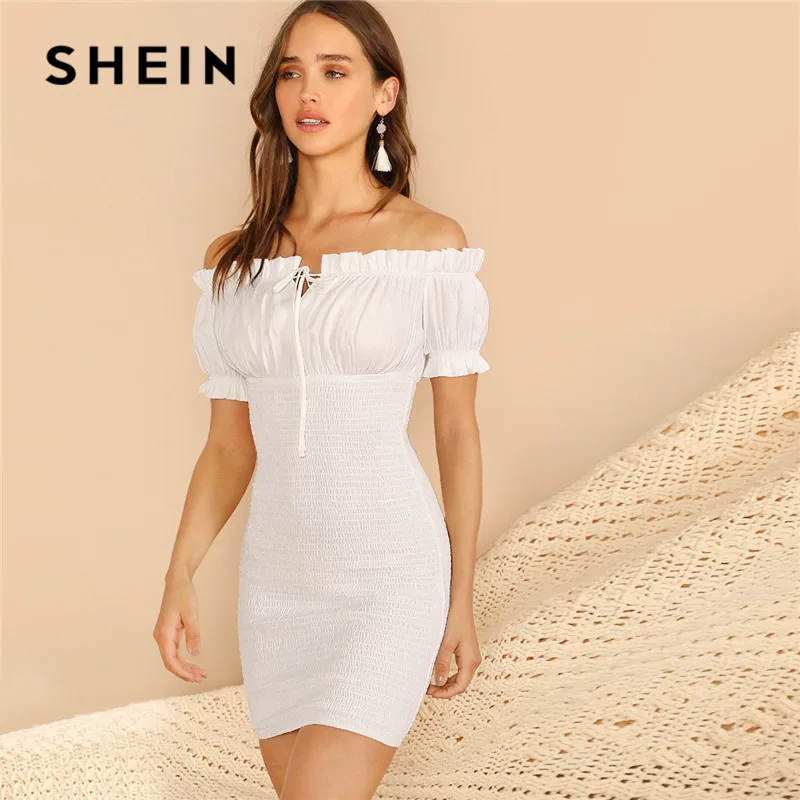 

SHEIN White Frilled Off Shoulder Shirred Summer Boho Dress Women Sexy Solid Strapless High Waist Bodycon Dress Mini Dress