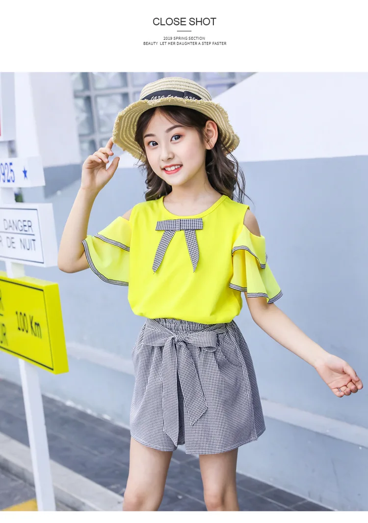 New Casual Teenage Girls Clothing Summer Fashion Bow Ruffle Sleeve Shirt Plaid Shorts Kids Clothes Set 2pcs Korean Children Suit (11)