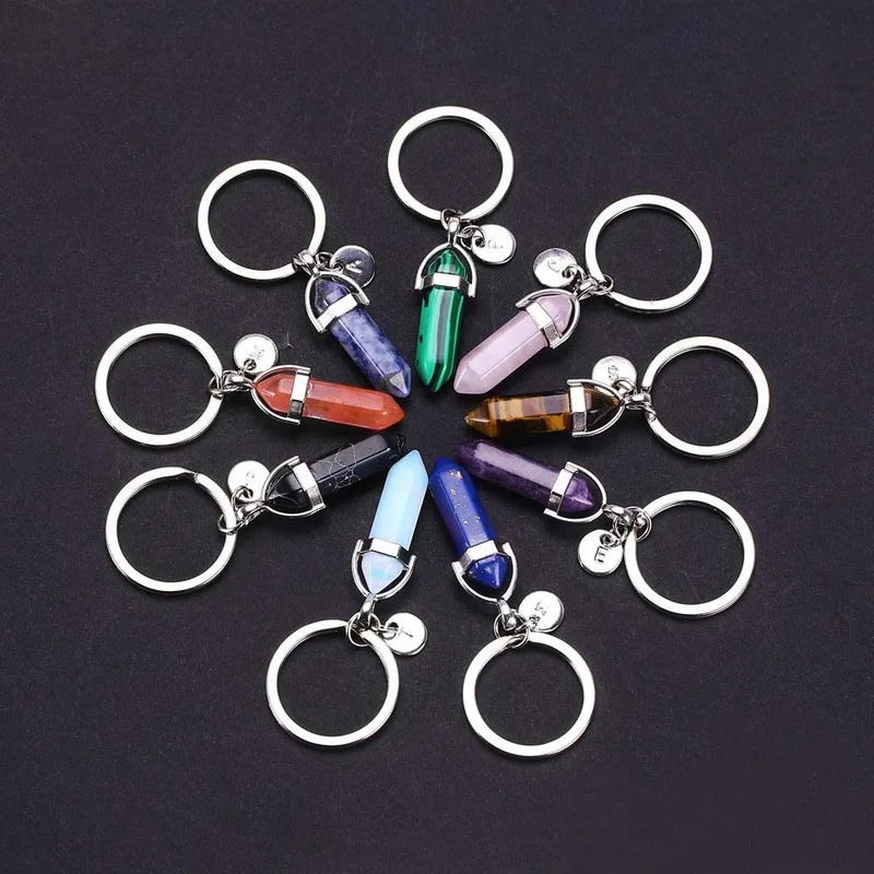 

shion Natural Stone Pendant Keychain Natural Quartz Stone 26 letter Pink Crystal good luck Key Chains Accessories Jewelry Gift
