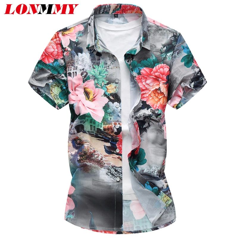 LONMMY плюс Размер 7XL рубашка с коротким рукавом мужская одежда тонкая Цветочная