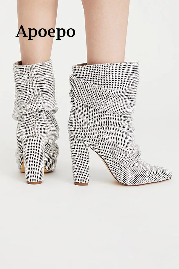 

New Brand 2018 Fashion Bling Bling Crystal Embellished high heel boots sexy pointed toe thick heels boots woman ankle boots