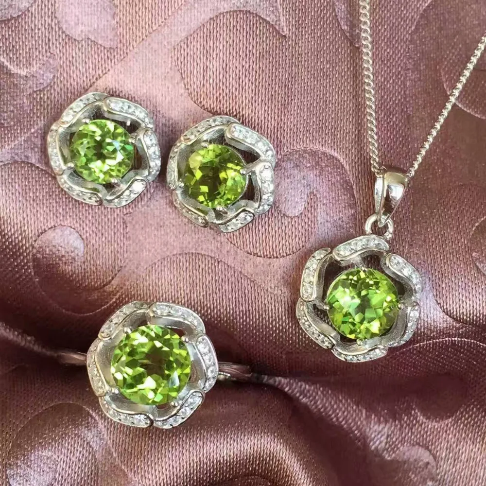 Natural green peridot gem jewelry sets natural olivine Pendant ring