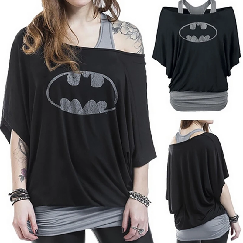 وهمية قطعتين النساء هوديس باتمان المطبوعة قصيرة كم T فضفاض كم مثير قبالة قطرة الكتف اليومية لباس غير رسمي وهمية قطعتين النساء هوديس باتمان المطبوعة قصيرة كم T فضفاض كم مثير قبالة قطرة الكتف اليومية لباس غير رسمي