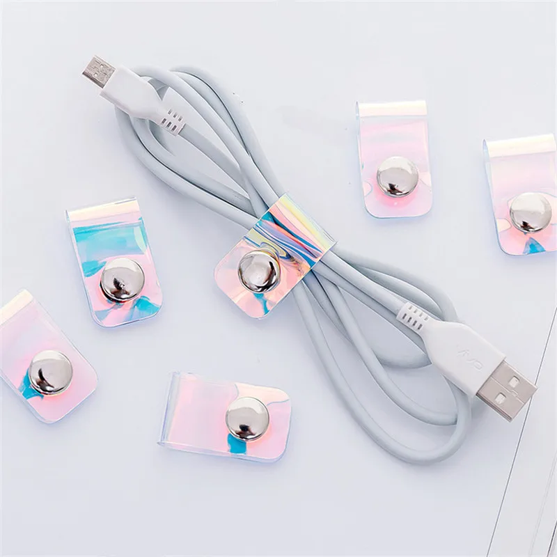 

5pcs/1set Hearset Organizer PVC Transparent Laser Winder Data Cable Light Snap Button Headphone Cable Organizer Dropshipping