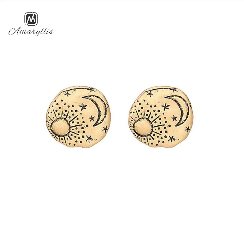 

Amaiyllis Vintage Alloy Round Circle Studs Earrings For Women Exquisite Sign Star Moon Sun Geo Post Earring Simple Metal Earring
