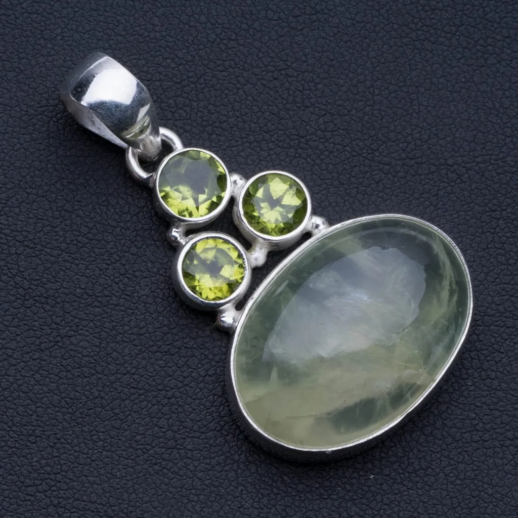 

Natural Prehnite and Peridot 925 Sterling Silver Pendant 2" P0509