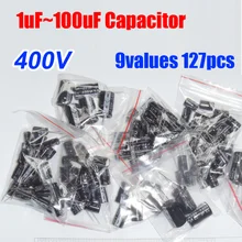 9 значений в общей сложности 127 шт. 400V Алюминий электролитический набор различных конденсаторов 1 мкФ-100 мкФ