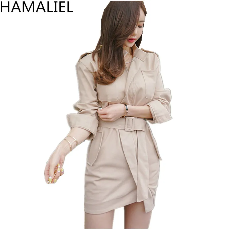 

HAMALIEL High Quality 2018 Autumn Women Sheath Mini OL Dress Long Sleeve Bodycon Slim Stand Collar Pencil Office With Belt Dress
