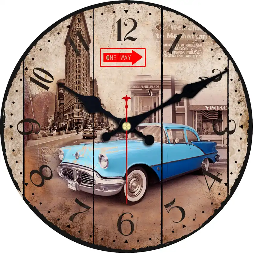 Paris Old Car Large Decorative Round Wall Clock Living Room Wall Decor Saat Fashion Silent Vintage Watch Wall New Year Gift Cool